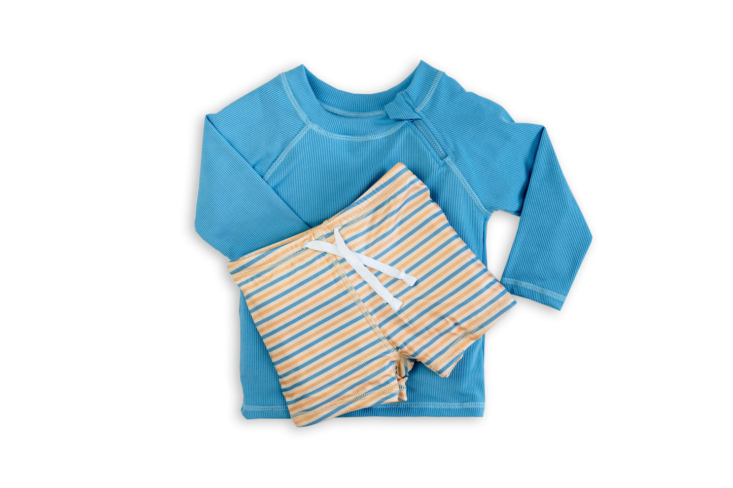 boys ribbed blue rash shirt and swim trunks, SPF protection, sun safe swimwear
